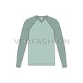 Mens v-neck tee with straight cut raglan sleeve flat sketch, front view