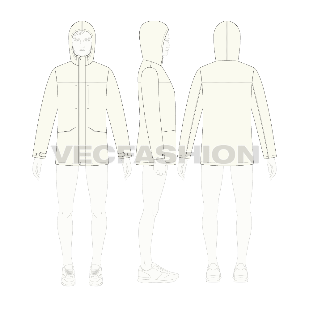 Mens Waterproof Windbreaker flat sketch, croqui sketch