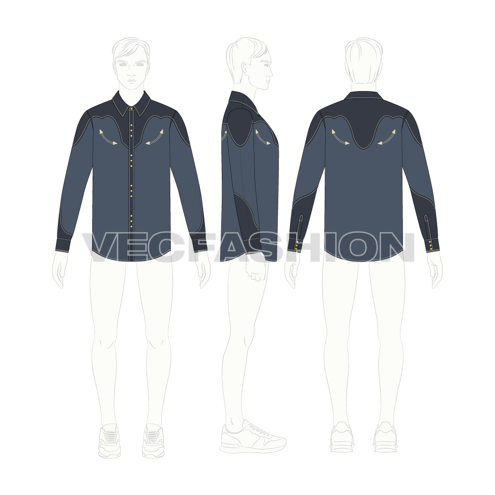 Mens western shirt flat sketch, croqui sketch