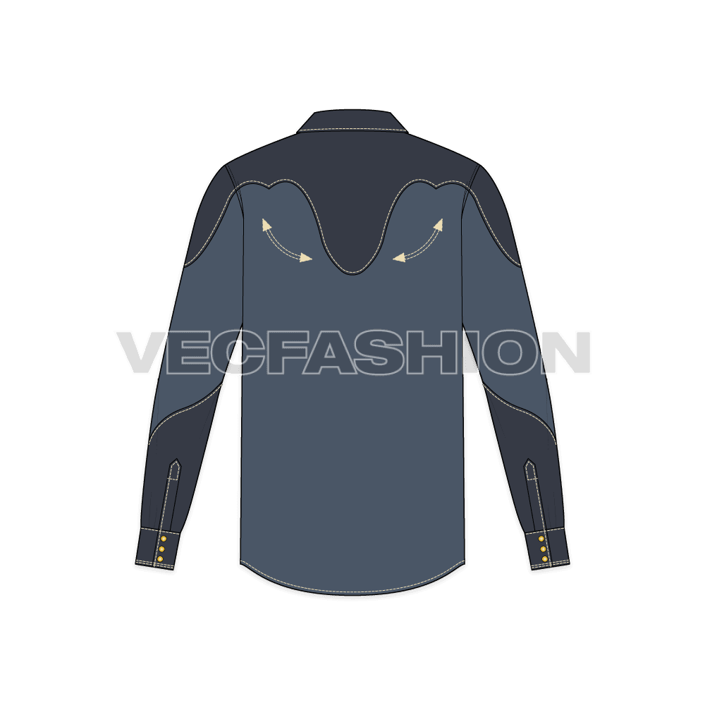 Mens western shirt flat sketch, back view