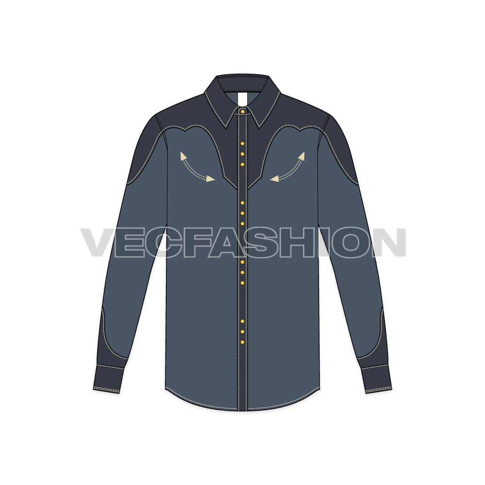 Mens western shirt flat sketch, front view