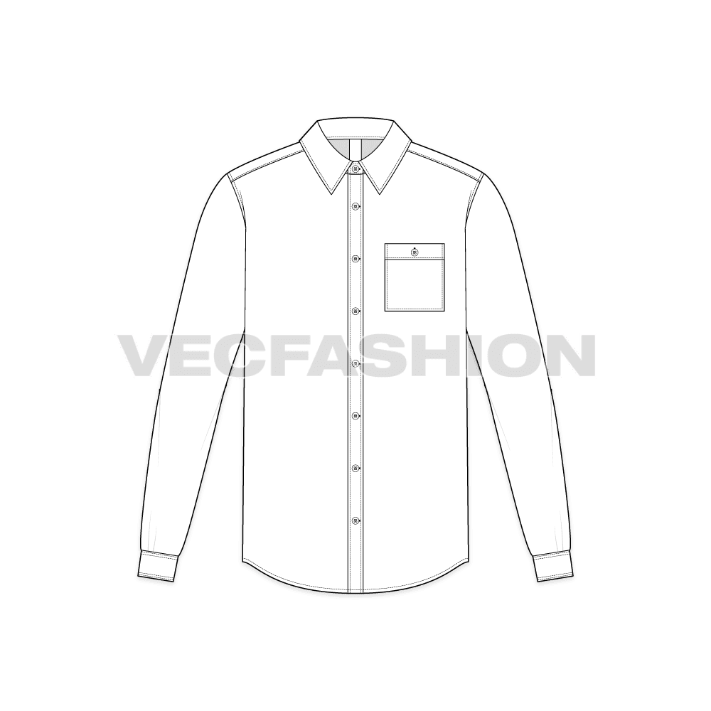 Mens white full sleeved dress shirt flat sketch, front view