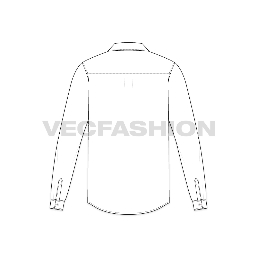 Mens white full sleeved dress shirt flat sketch, back view