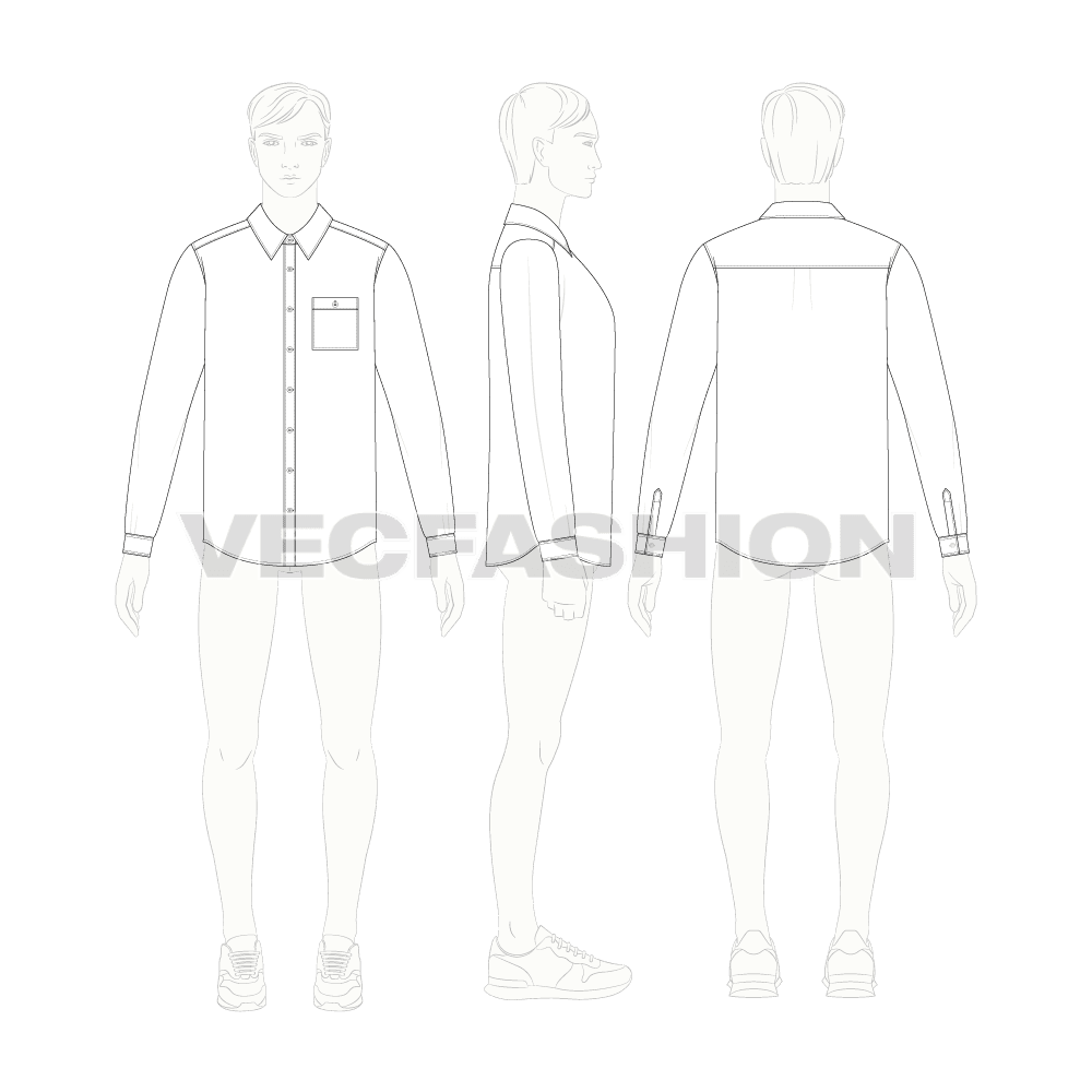 Mens white full sleeved dress shirt flat sketch, croqui sketch