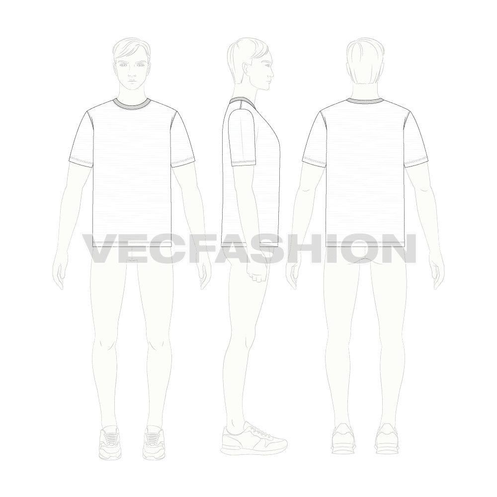 Mens white round neck t-shirt flat sketch, croqui sketch