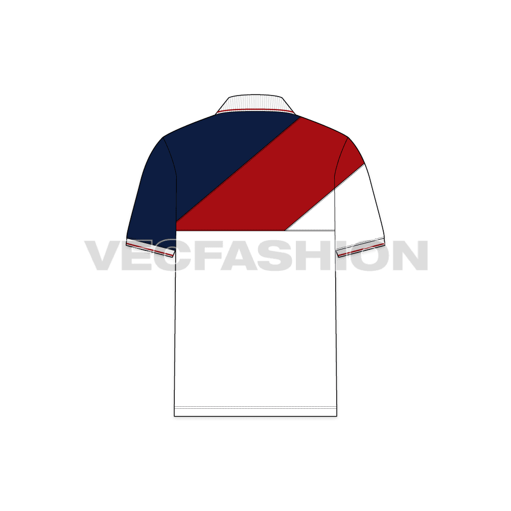 Mens white sport polo shirt flat sketch, back view