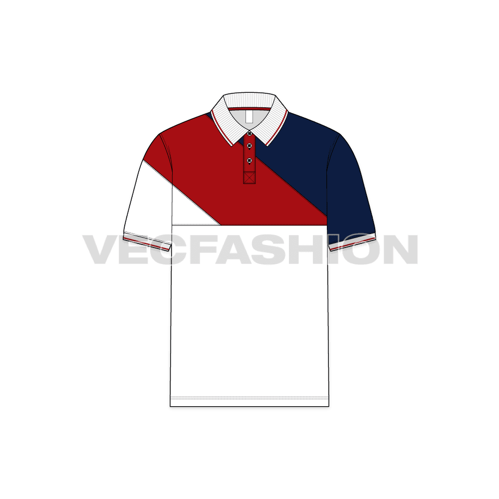 Mens white sport polo shirt flat sketch, front view