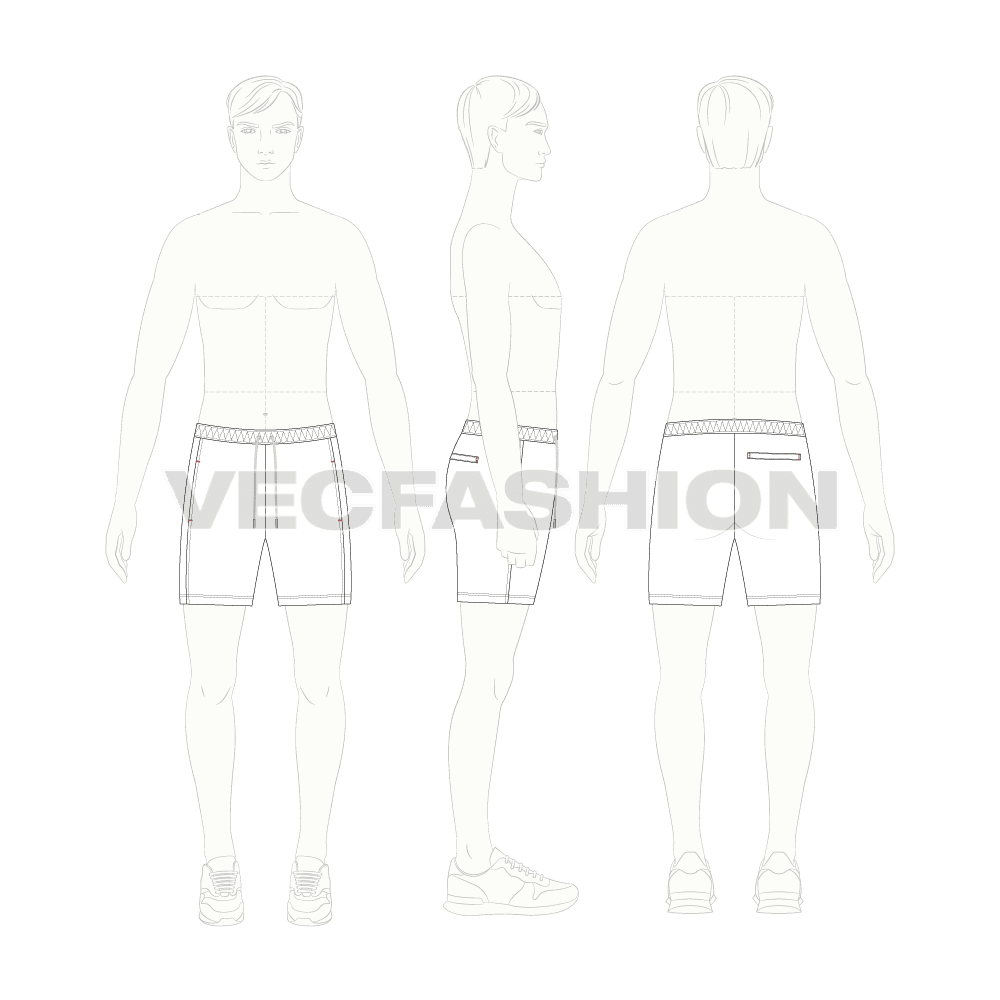 Mens white swim shorts flat sketch, croqui sketch