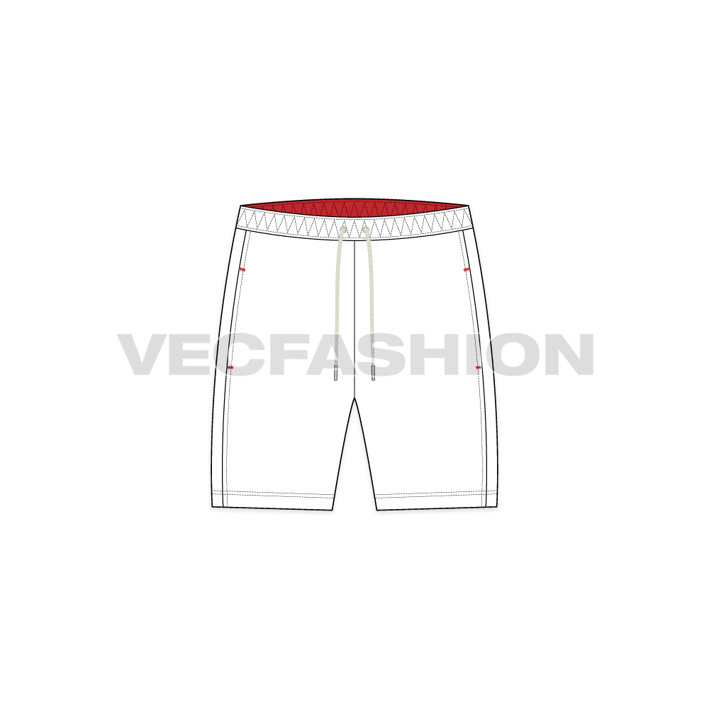 Mens white swim shorts flat sketch, back view