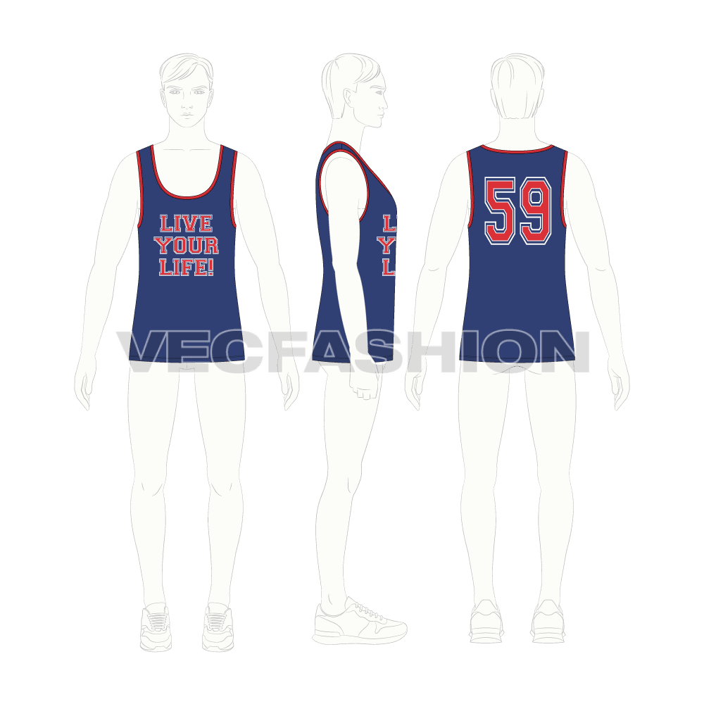 Mens wide neck gym tank flat sketch, croqui sketch