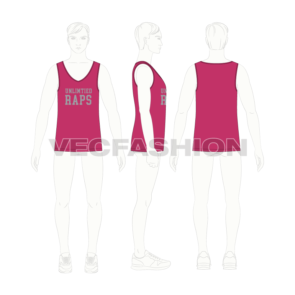 Mens wide v-neck gym tank flat sketch, croqui sketch