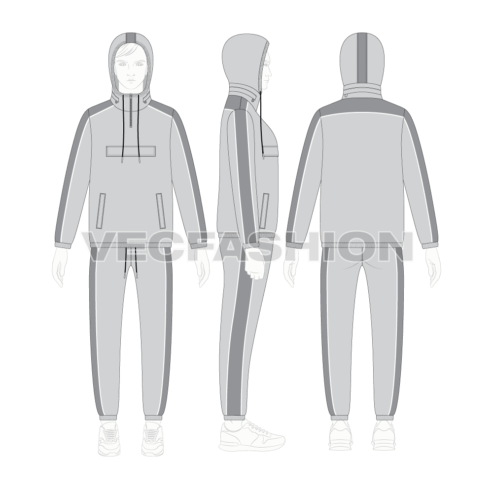 Mens windbreaker set flat sketch, all views on croqui