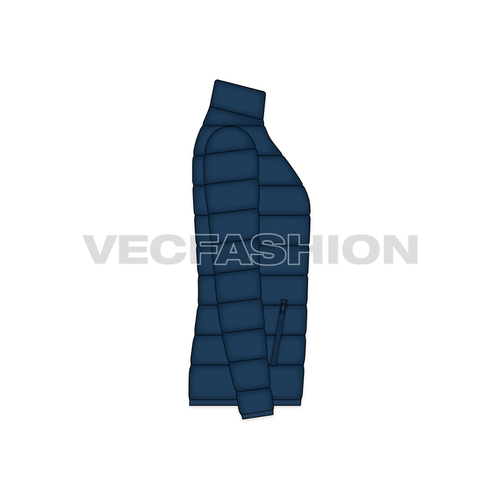 Mens winter goose down jacket flat sketch, side view