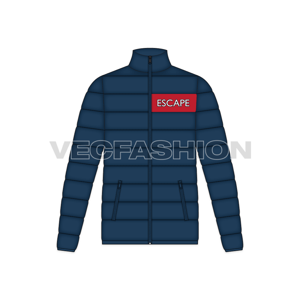 Mens winter goose down jacket flat sketch, front view