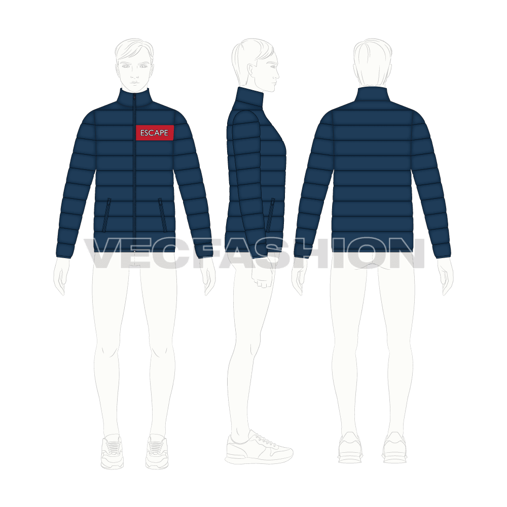 Mens winter goose down jacket flat sketch, croqui sketch