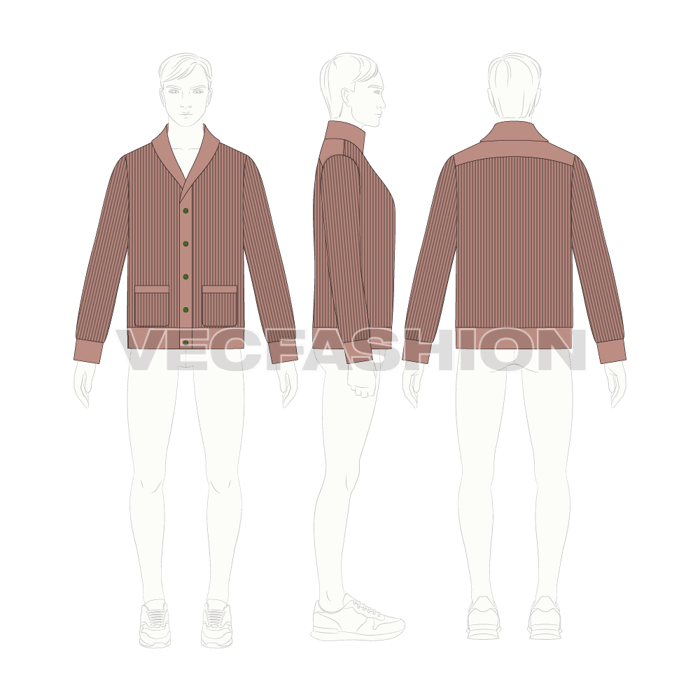 Mens wool cardigan flat sketch, croqui sketch