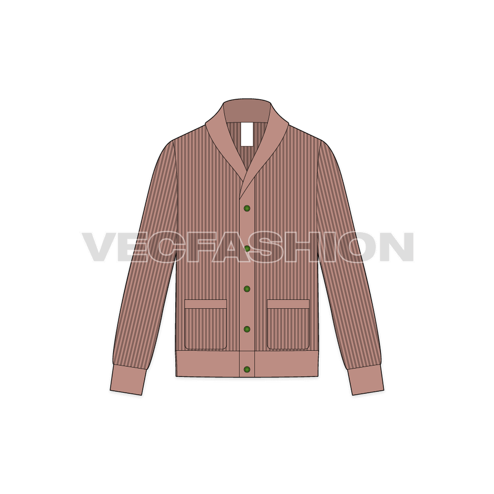 Mens wool cardigan flat sketch, front view