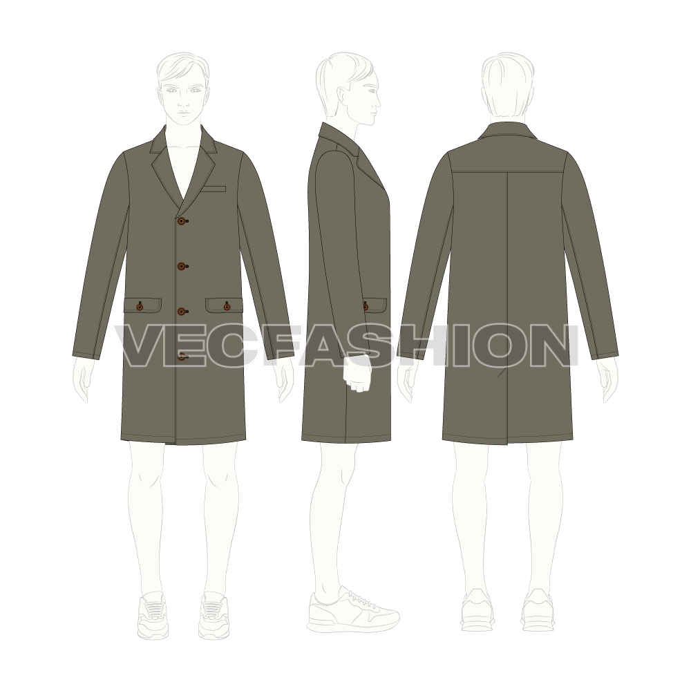 Mens Woolen Coat flat sketch, croqui sketch