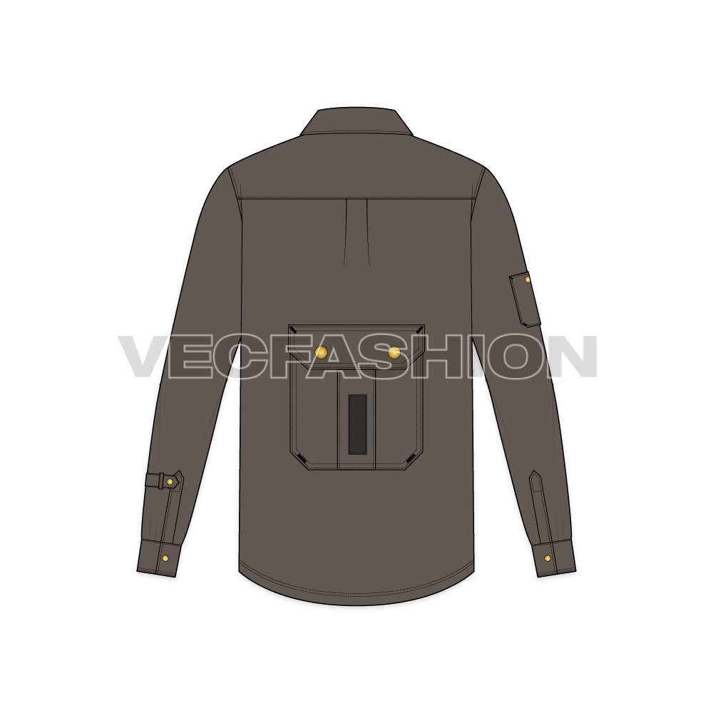 Mens work shirt long sleeved flat sketch, back view