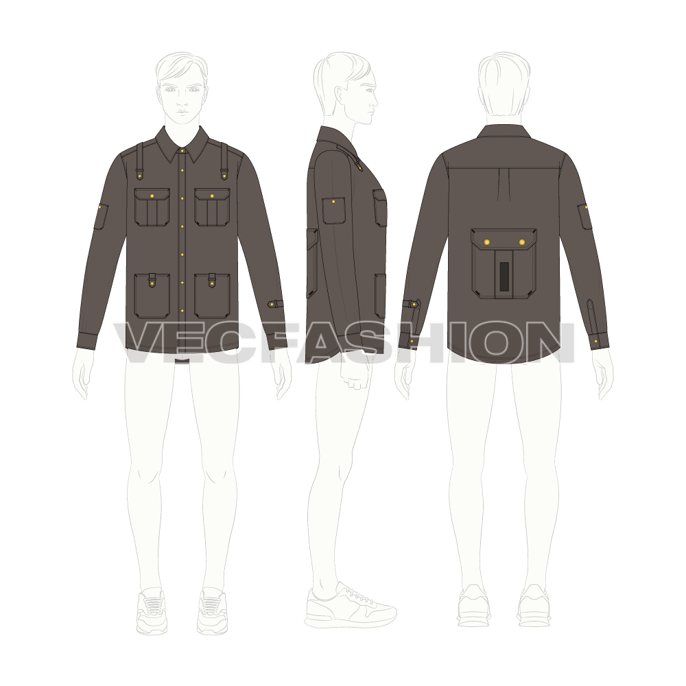 Mens work shirt long sleeved flat sketch, croqui sketch