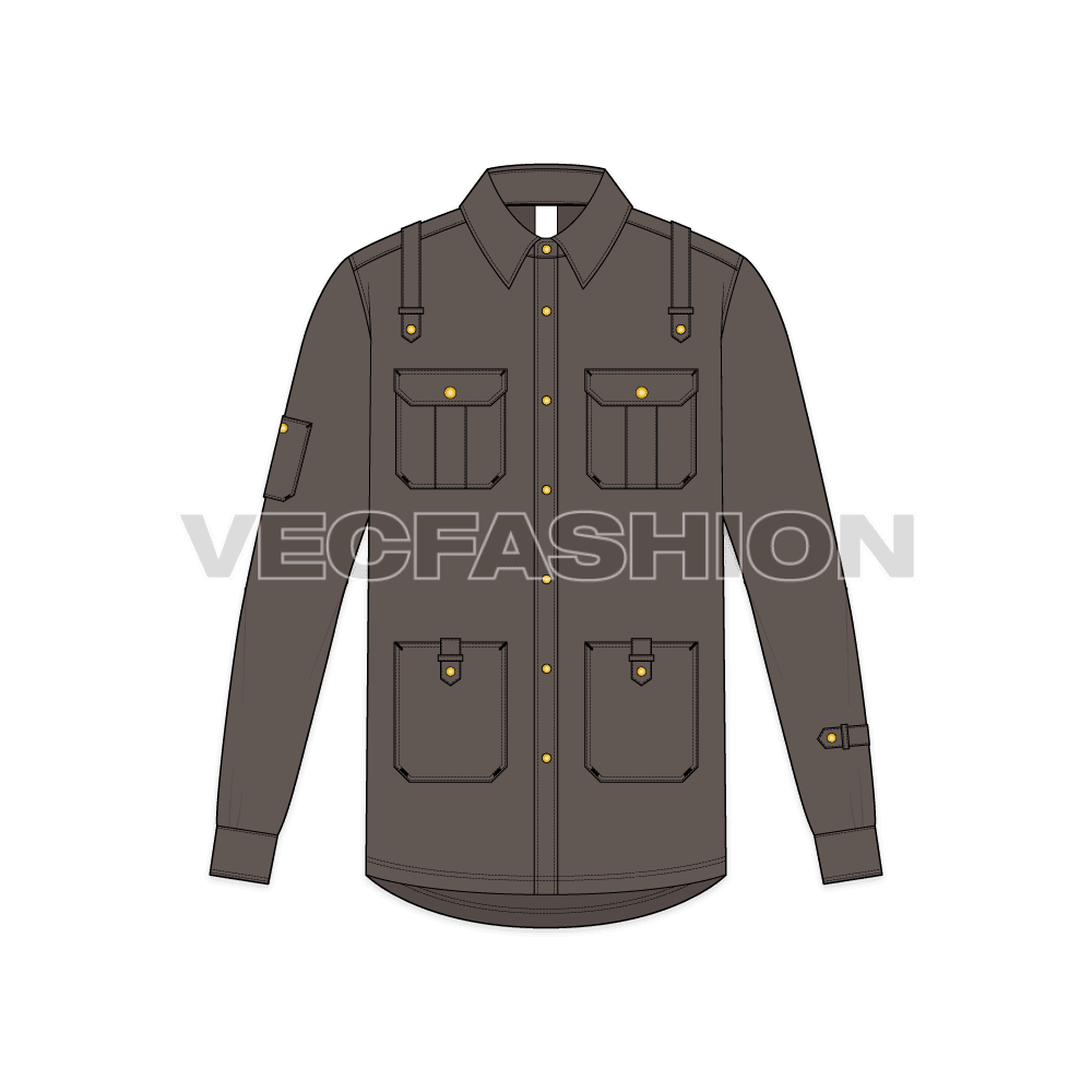 Mens work shirt long sleeved flat sketch, front view