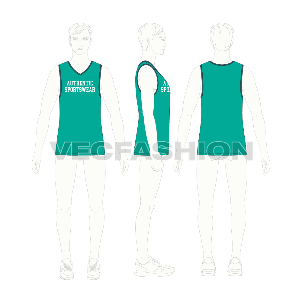 Mens workout tank, contrast binding flat sketch, croqui sketch