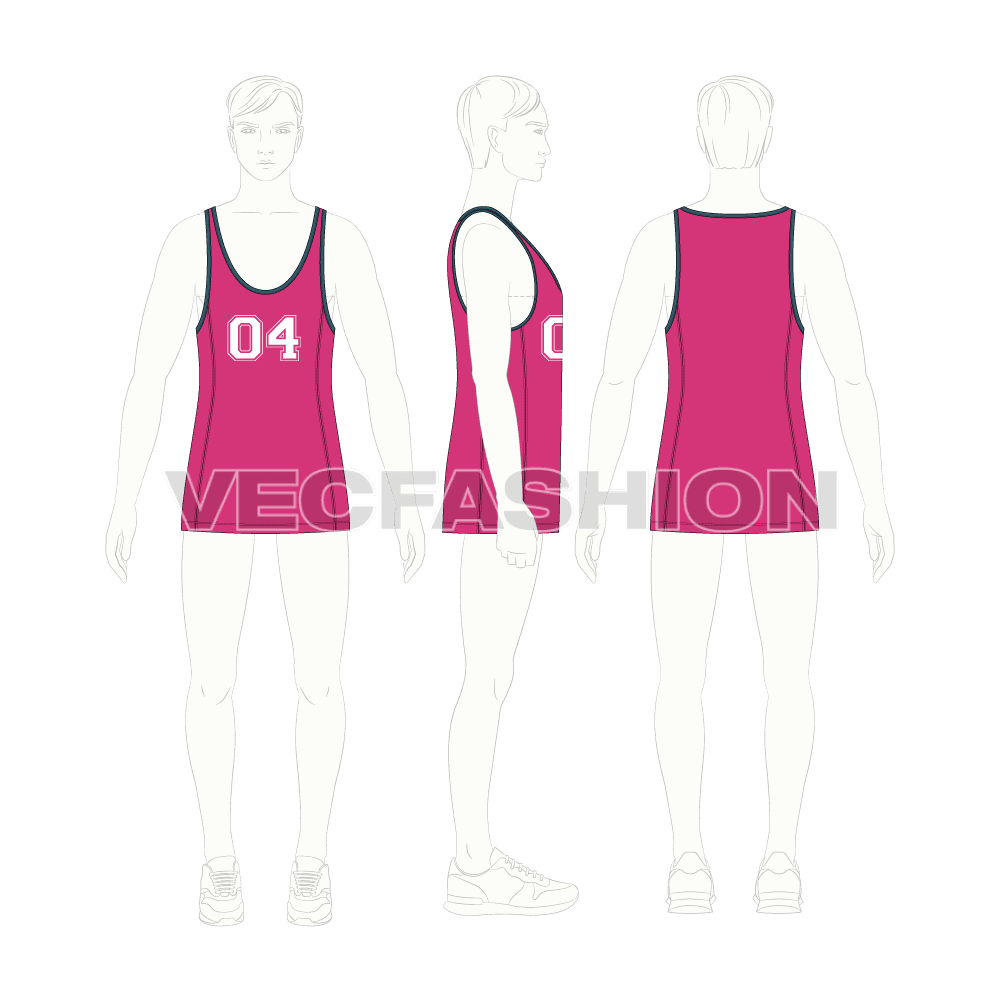 Mens workout tank, deep neckline flat sketch, croqui sketch