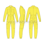 Mens workwear overall flat sketch, showing all views, front, side and back
