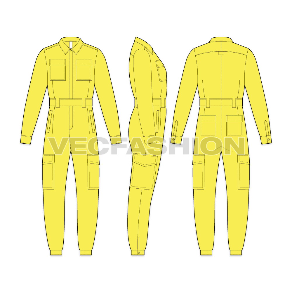 Mens workwear overall flat sketch, showing all views, front, side and back