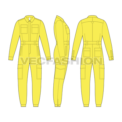 Mens workwear overall flat sketch, showing all views, front, side and back