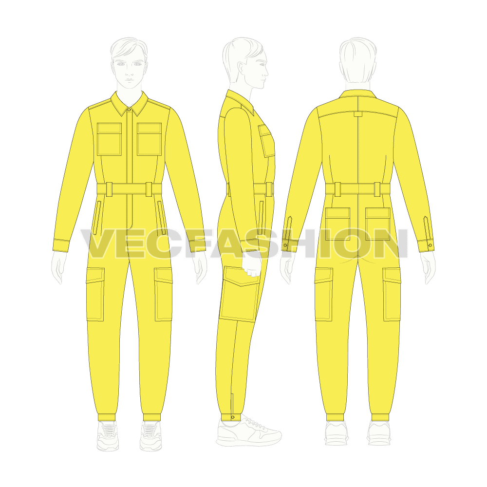 Mens workwear overall flat sketch, on croqui