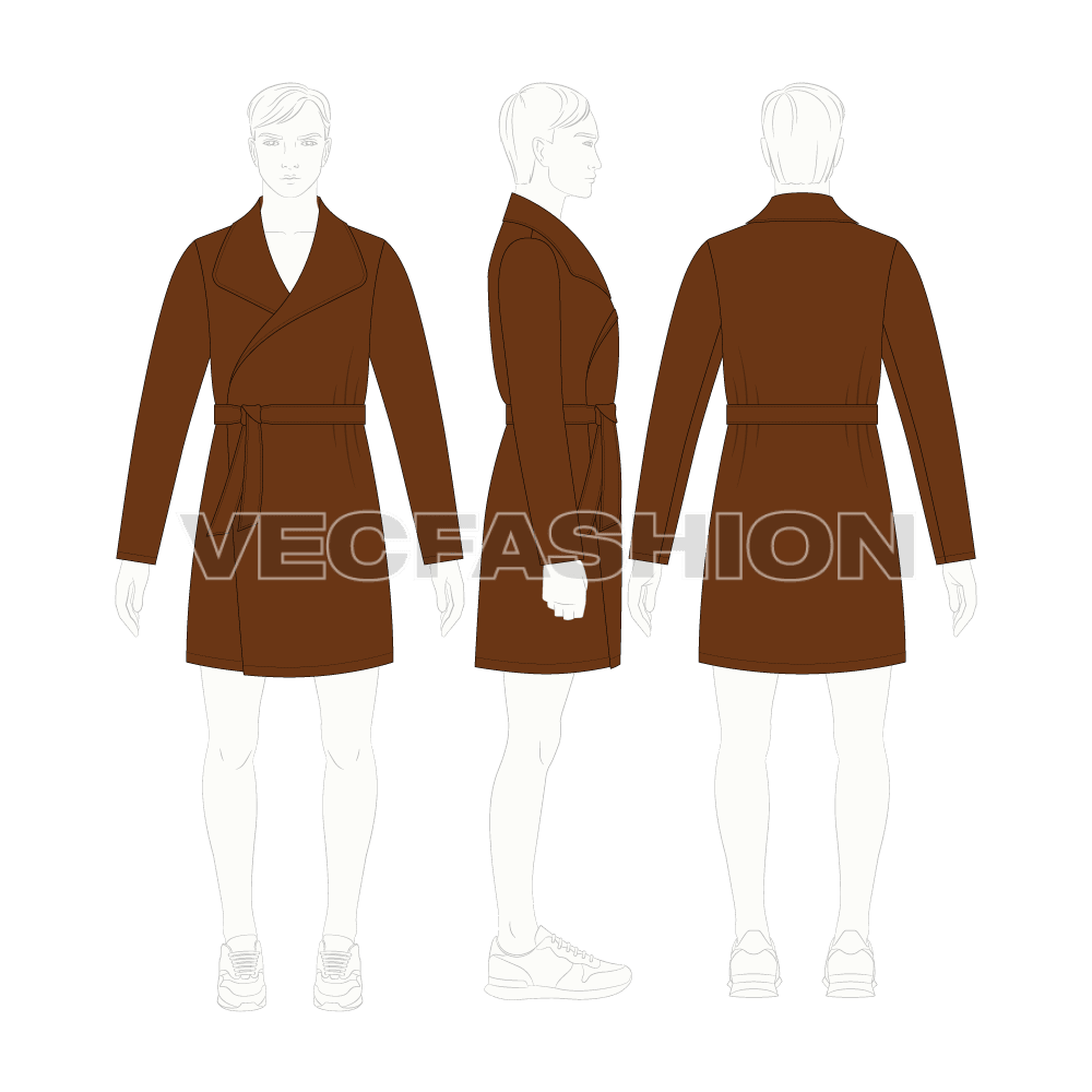 Mens Wrap Coat flat sketch, croqui sketch