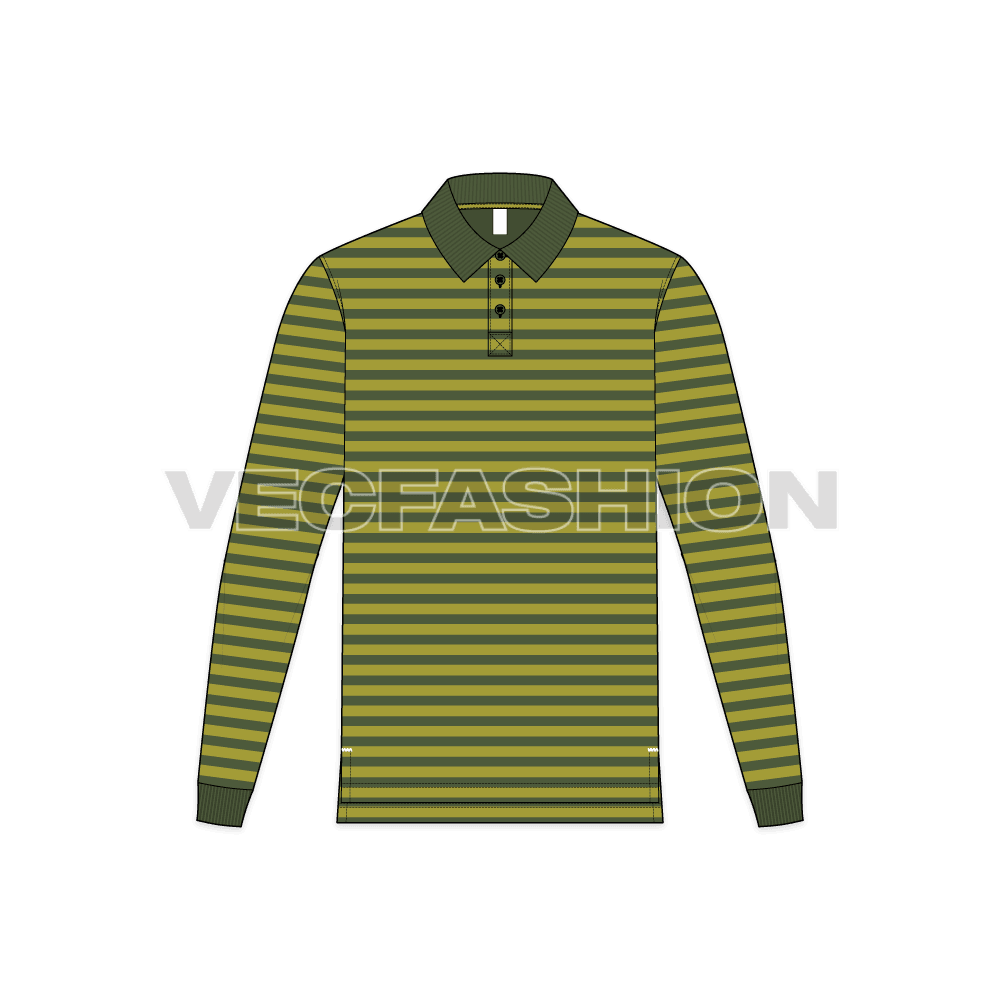 Mens yarn dyed polo shirt flat sketch, front view