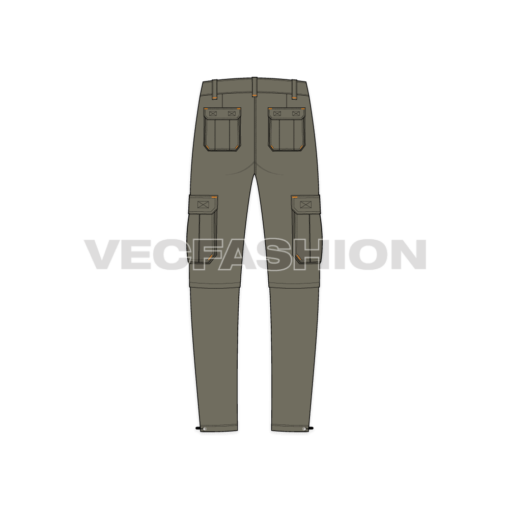 Mens zip-off cargo pants flat sketch, back view