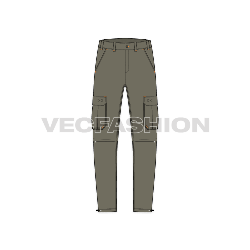 Mens zip-off cargo pants flat sketch, front view