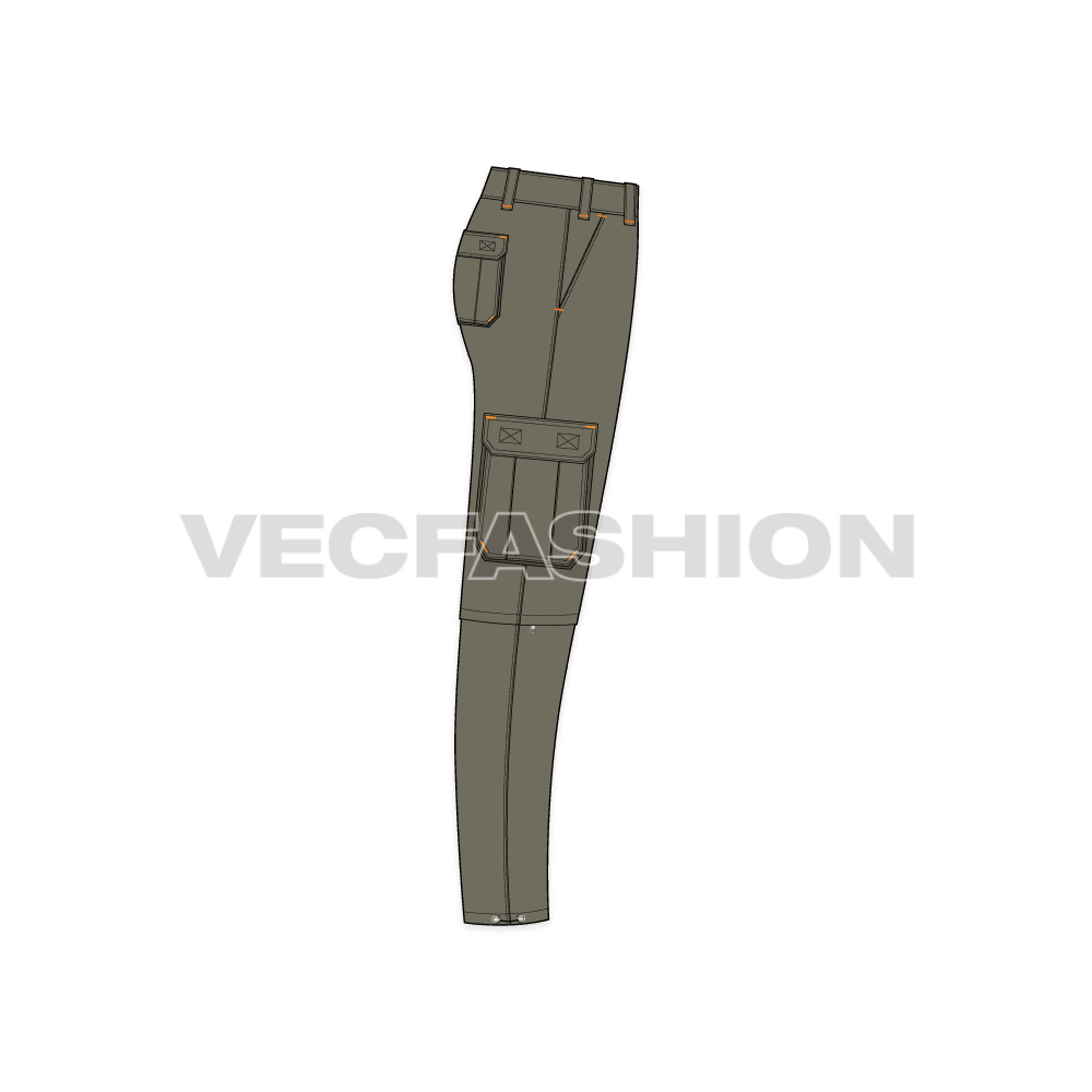 Mens zip-off cargo pants flat sketch, side view