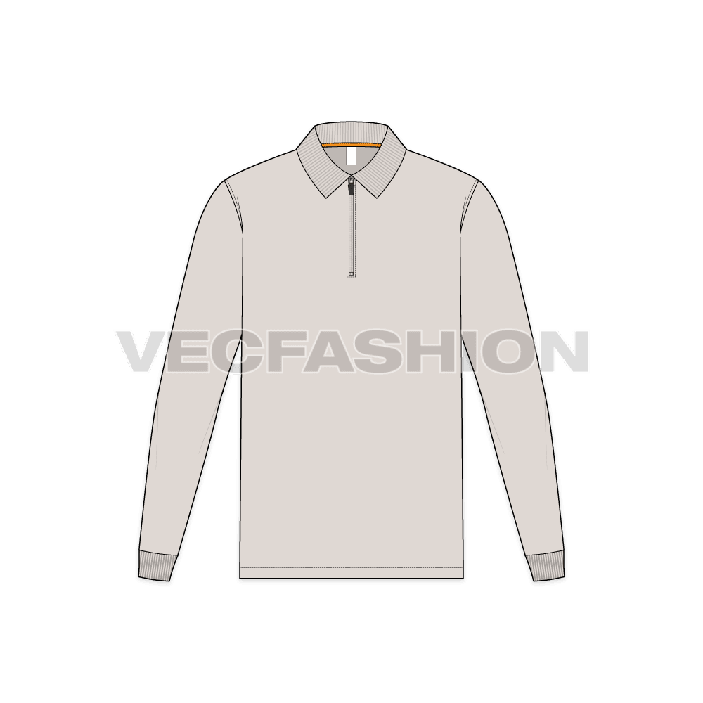 Mens zip-up polo shirt flat sketch, front view