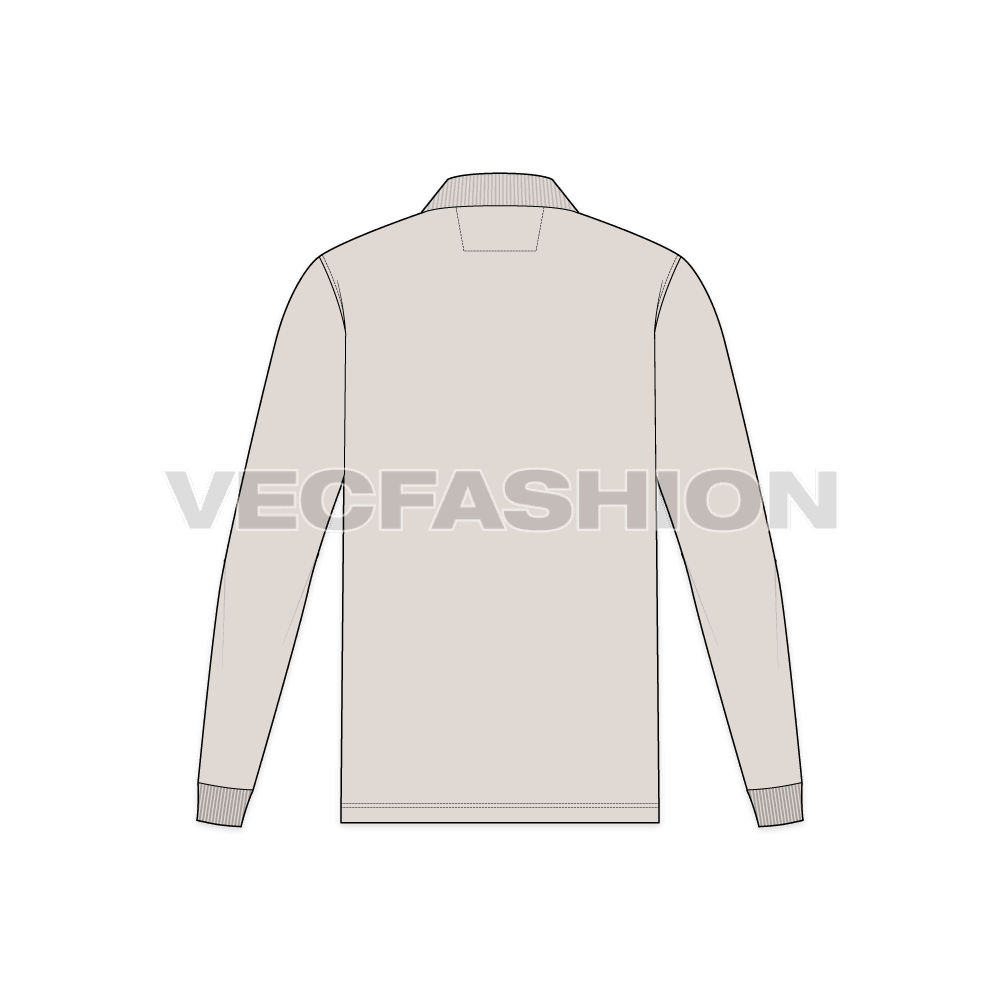 Mens zip-up polo shirt flat sketch, back view