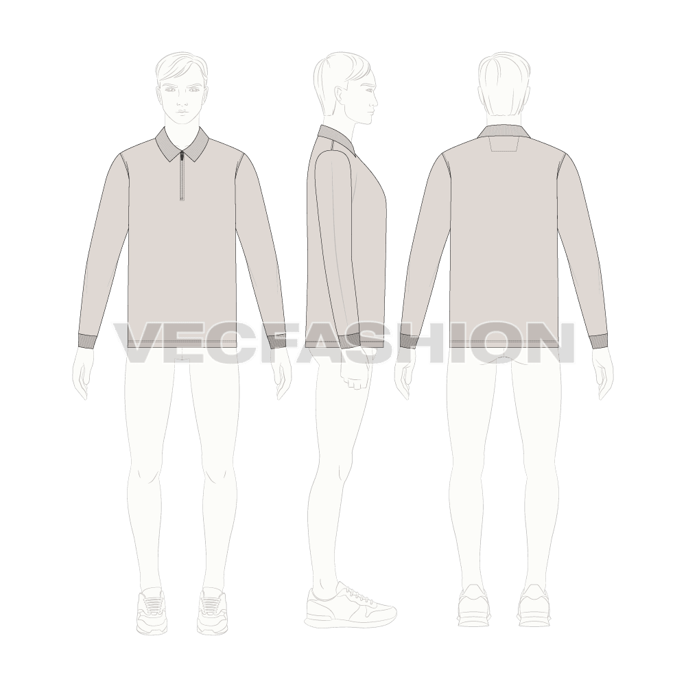 Mens zip-up polo shirt flat sketch, croqui sketch