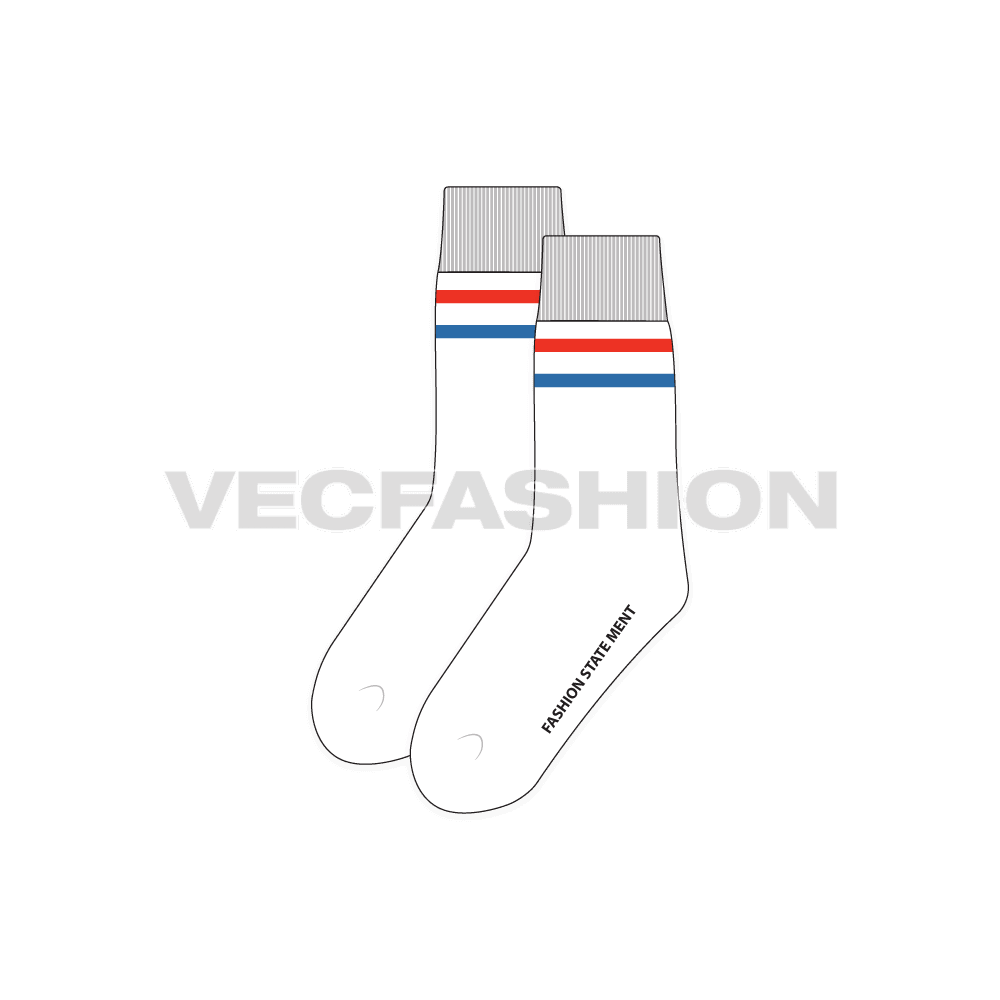An illustrator fashion cad for Mid-Length Socks. It has contrast colored stripes and text for branding on it. 