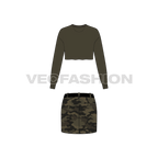 Mini camo skirt with cropped top flat sketch, back view