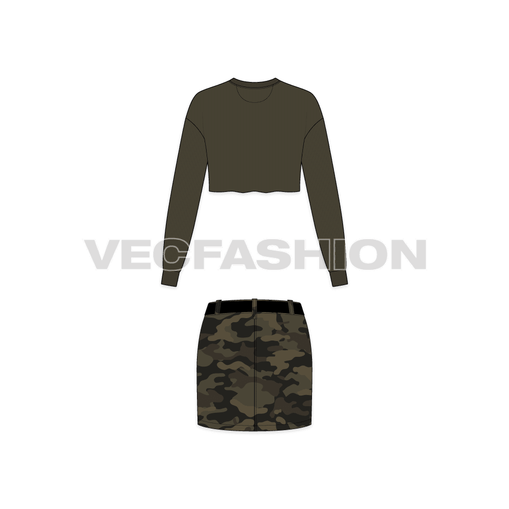 Mini camo skirt with cropped top flat sketch, back view