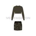 Mini camo skirt with cropped top flat sketch, front view