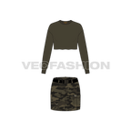 Mini camo skirt with cropped top flat sketch, front view