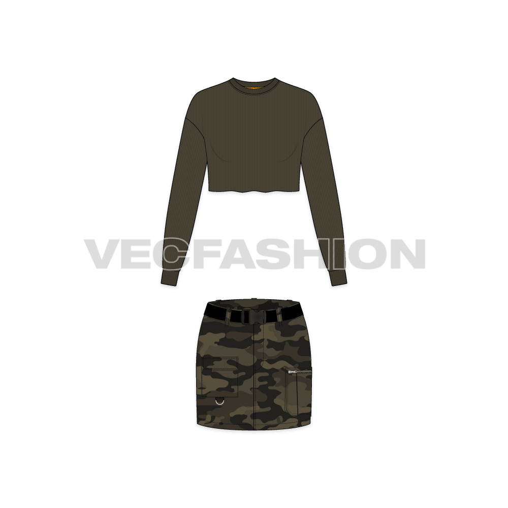 Mini camo skirt with cropped top flat sketch, front view