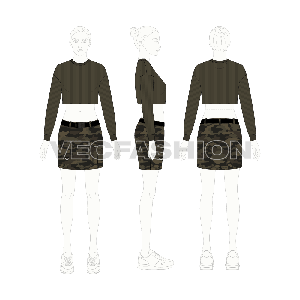 Mini camo skirt with cropped top flat sketch, croqui sketch