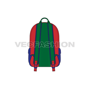 A vector illustrator cad of a Multi Purpose Backpack. It is colored in 3 contrast panels creating color blocked theme and have a big pocket on front and straps at the back.