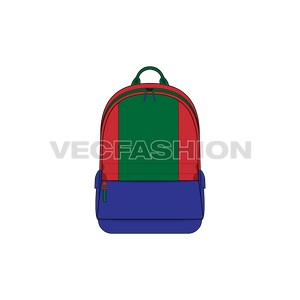 A vector illustrator cad of a Multi Purpose Backpack. It is colored in 3 contrast panels creating color blocked theme and have a big pocket on front and straps at the back.
