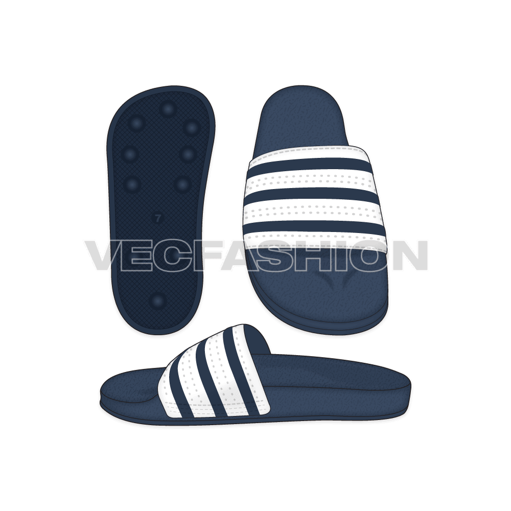 A set of Nautical Striped Casual Slippers created in Adobe Illustrator CS6. It is showing three views Front, Side and Bottom of the sole. Buy it now or contact us get it custom made. 