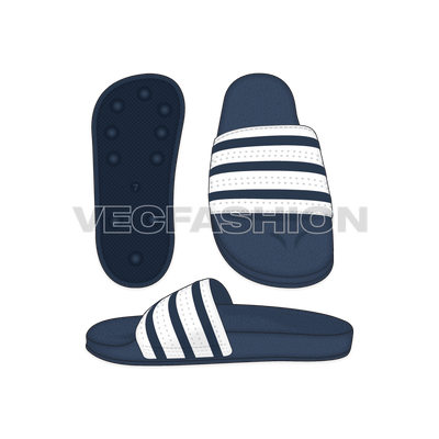 A set of Nautical Striped Casual Slippers created in Adobe Illustrator CS6. It is showing three views Front, Side and Bottom of the sole. Buy it now or contact us get it custom made. 